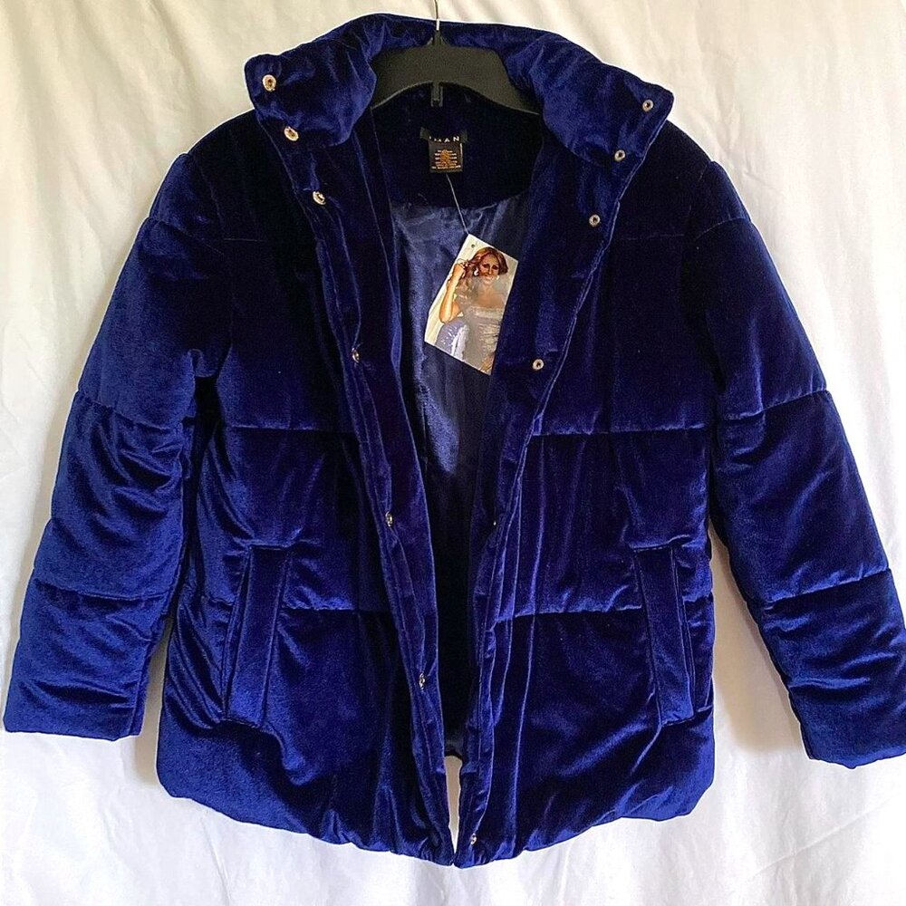 IMAN Global Chic | Platinum Collection | Royal Blue Velvet Puffer Jacket